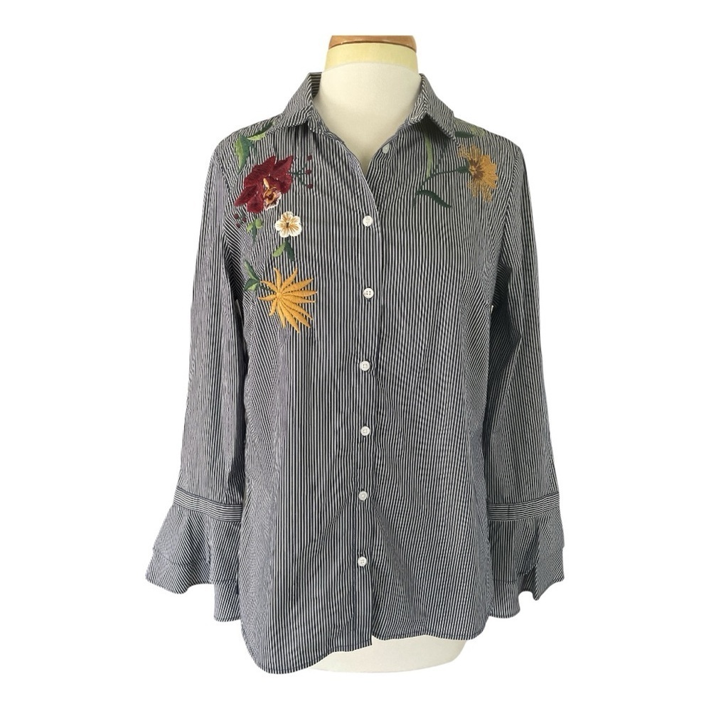 14th & Union Chic Pinstripe Floral Embroidered Button-Up Shirt - Picture 2 of 6